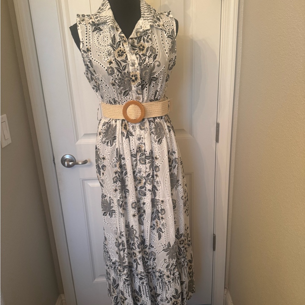 Sleeveless Floral Shirt Dress with Belt - White & Gray